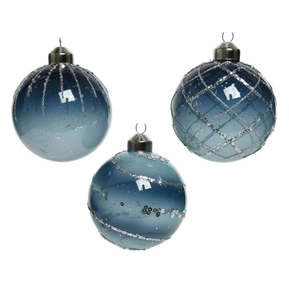 gunstig Veroveraar Kerkbank 3 glazen kerstballen blauw met glitter